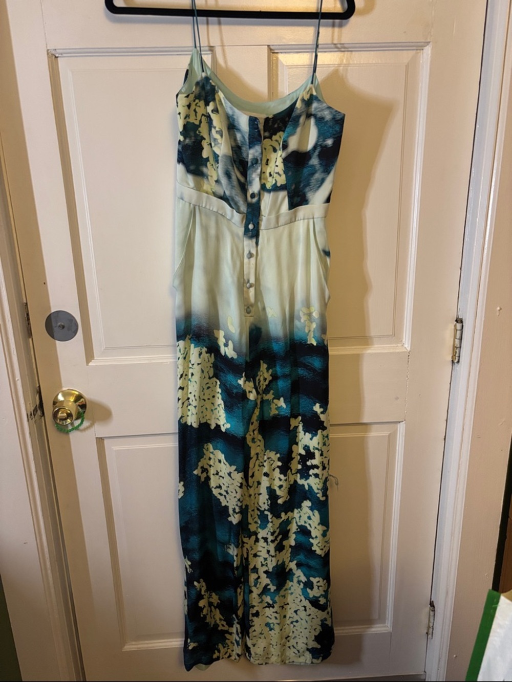 Spaghetti Strap Floral Print Maxi Dress in Teal and Pale Yellow